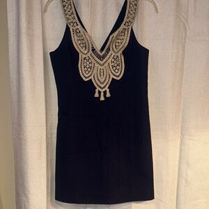 Lilly Pulitzer Navy Dress with Intricate Gold Detailing
